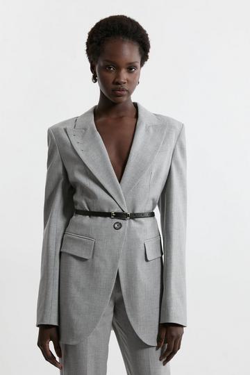 Tailored Darted Waist Belted Notch Neck Blazer grey marl